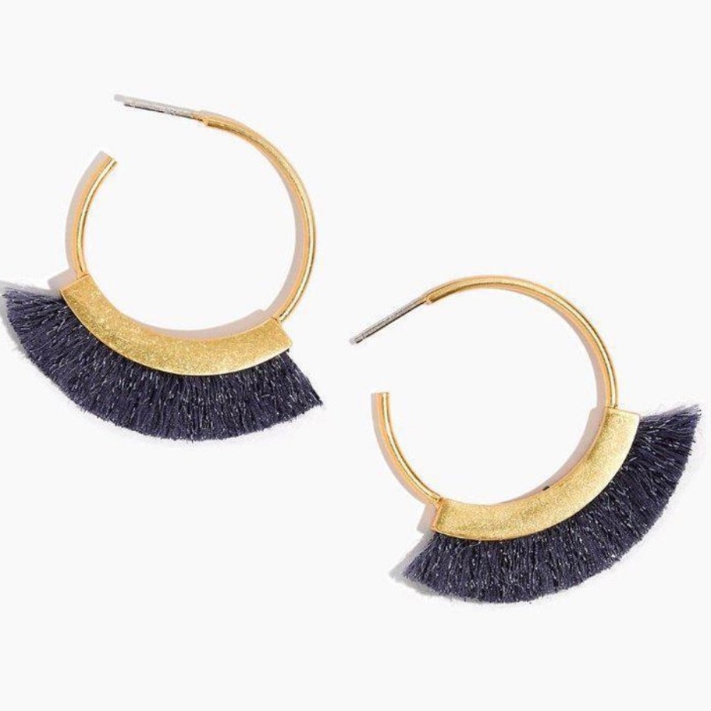 Madewell Fringe Hoop Earrings in Hematite Lurex tassel gold sparkles grey